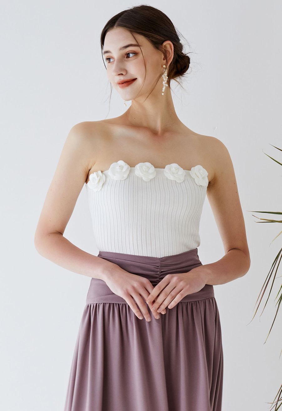 3D Floral Stretchy Tube Top in White