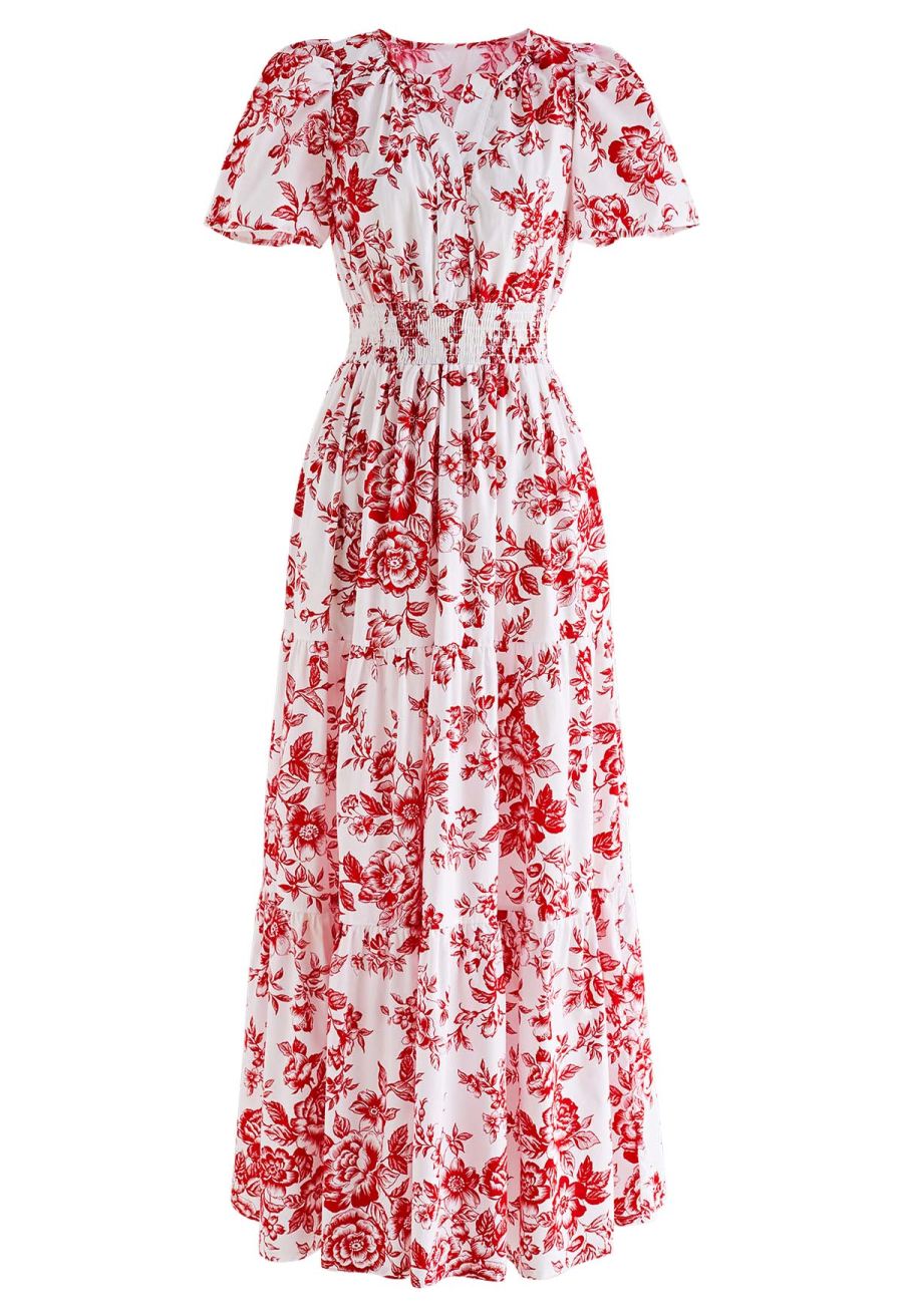 Ebullient Red Flower Printed Maxi Dress