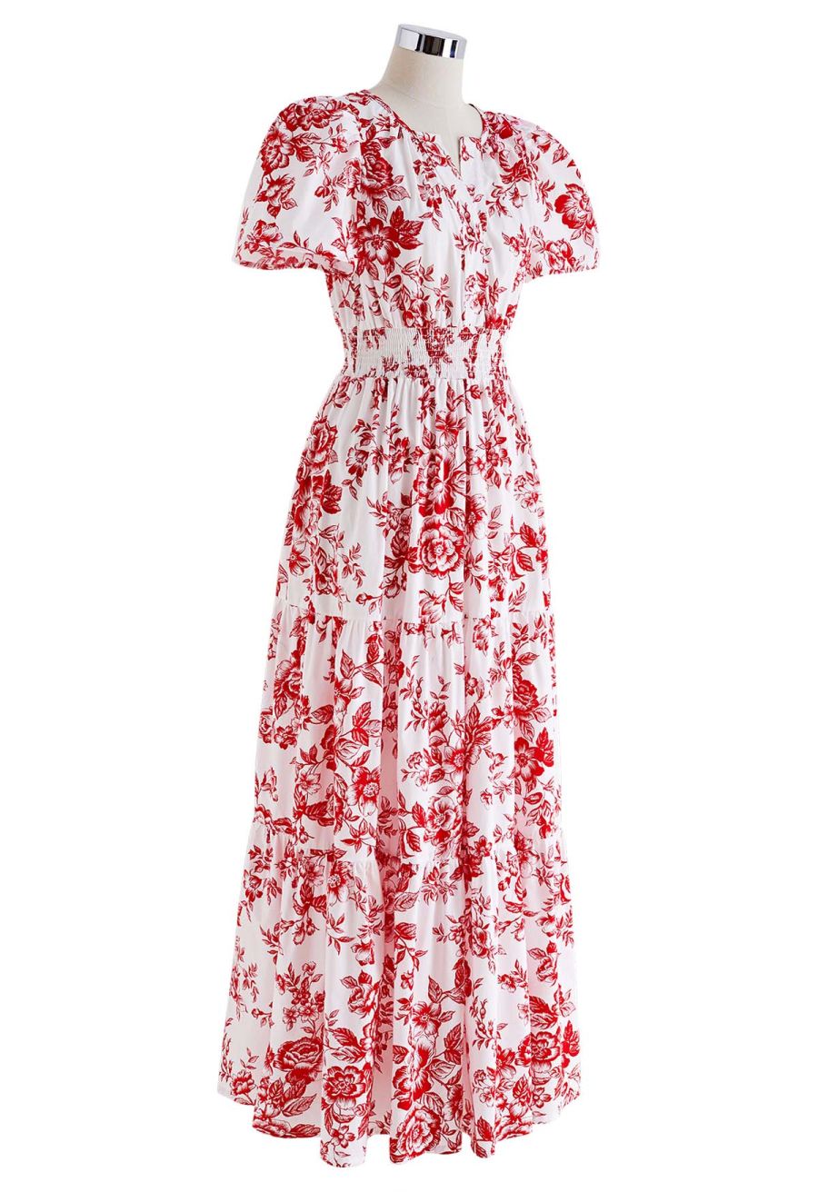 Ebullient Red Flower Printed Maxi Dress
