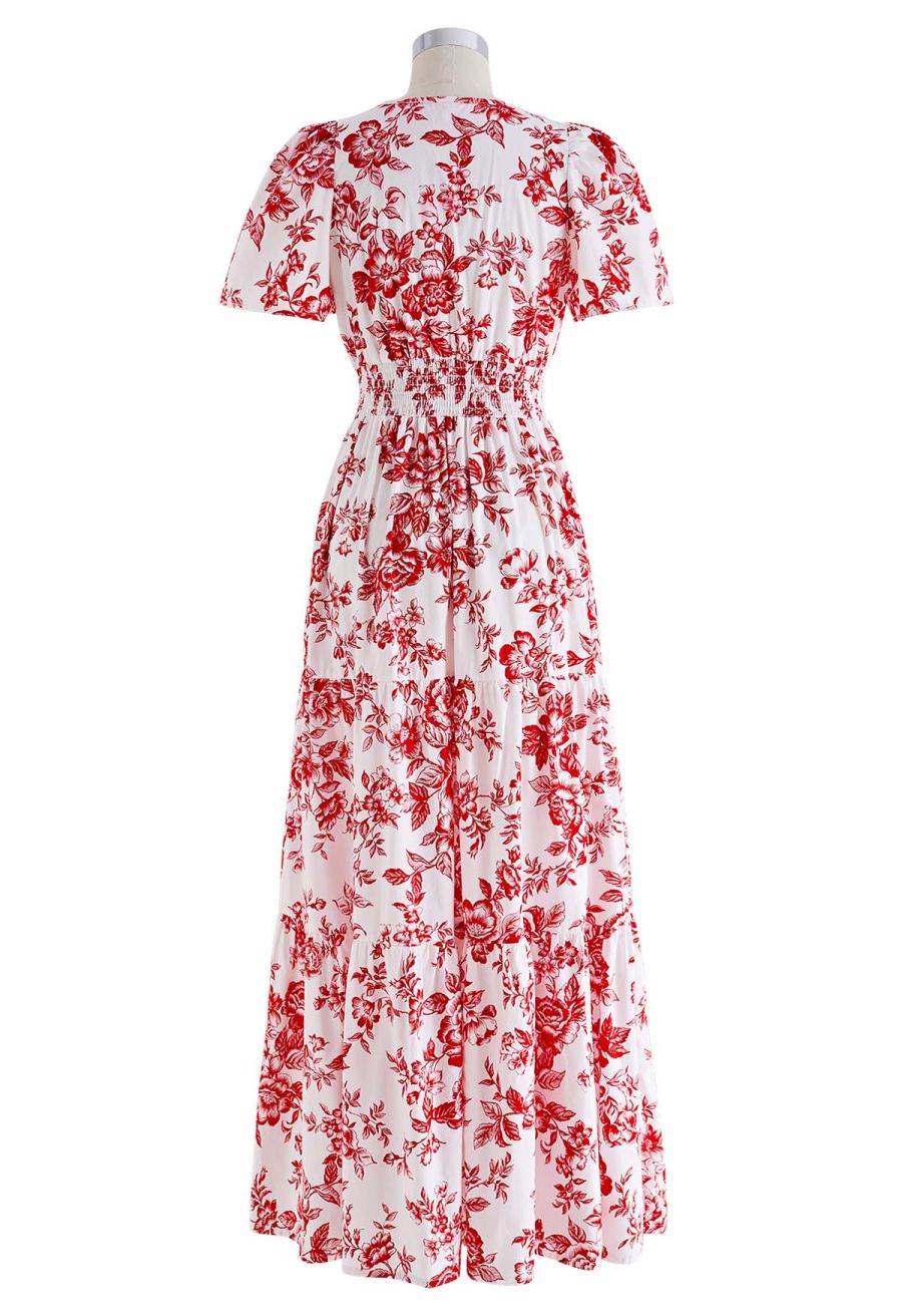 Ebullient Red Flower Printed Maxi Dress