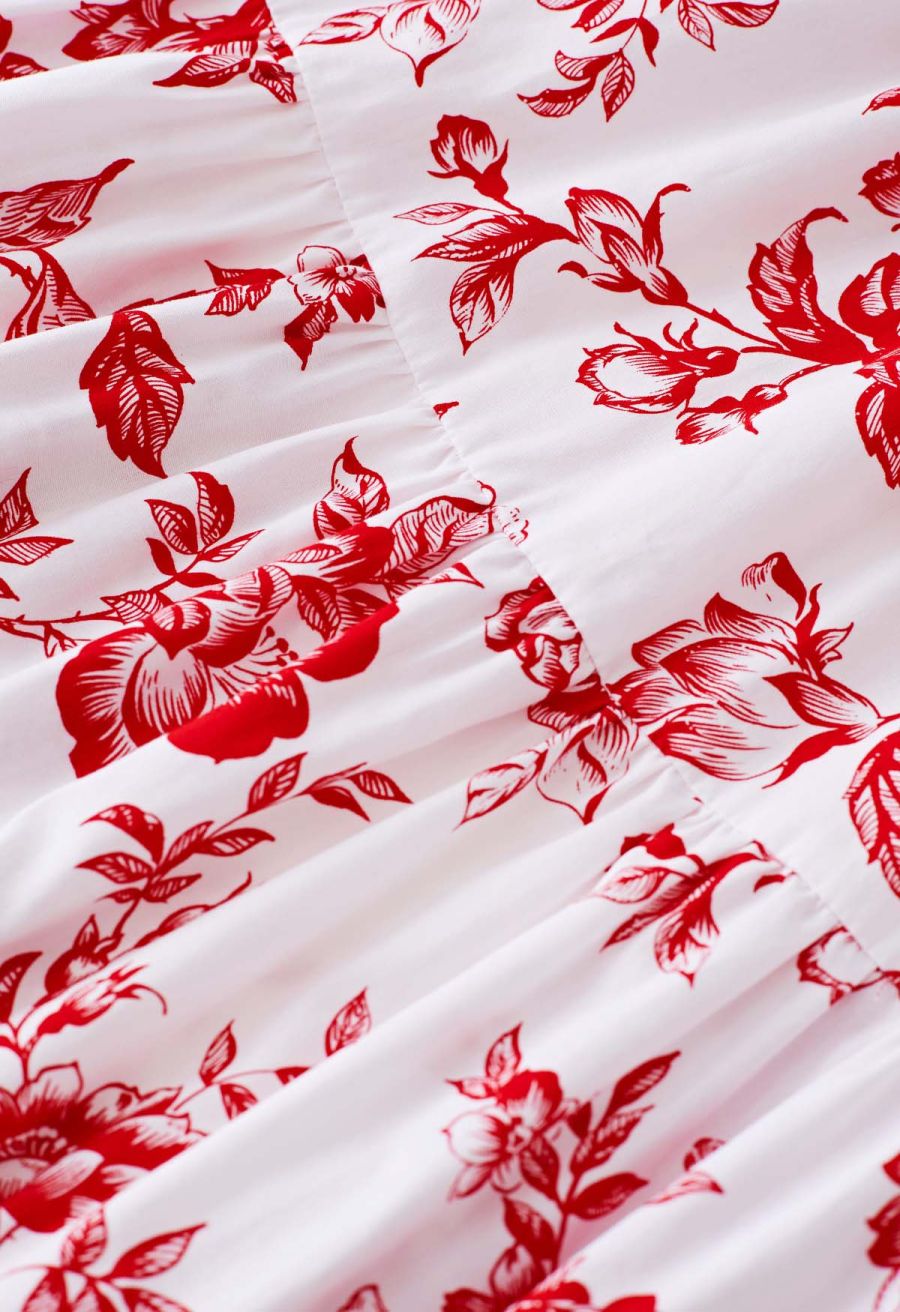 Ebullient Red Flower Printed Maxi Dress