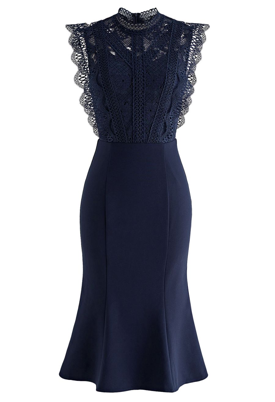 Crochet Lace Spliced Sleeveless Mermaid Dress in Navy