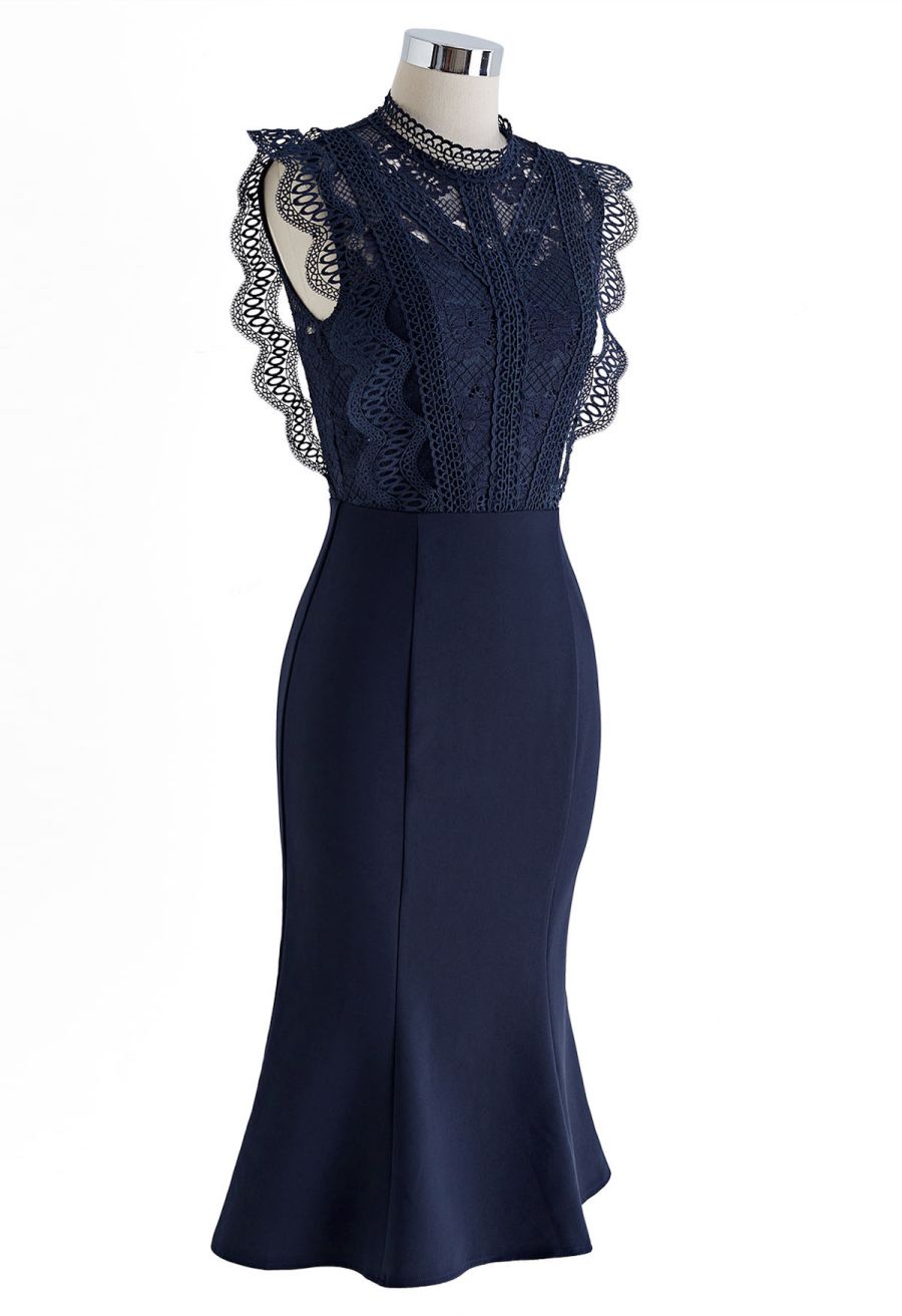 Crochet Lace Spliced Sleeveless Mermaid Dress in Navy