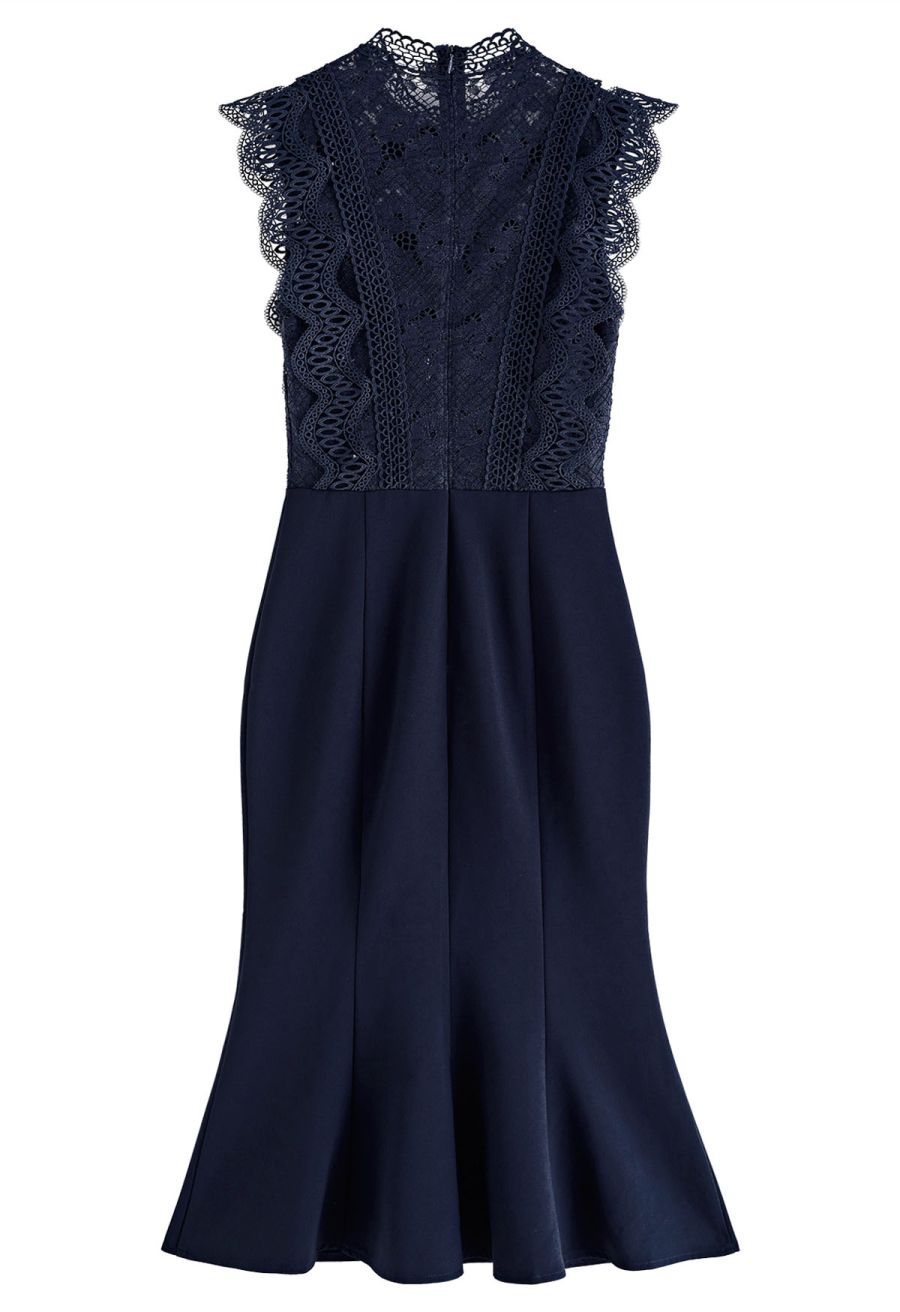 Crochet Lace Spliced Sleeveless Mermaid Dress in Navy