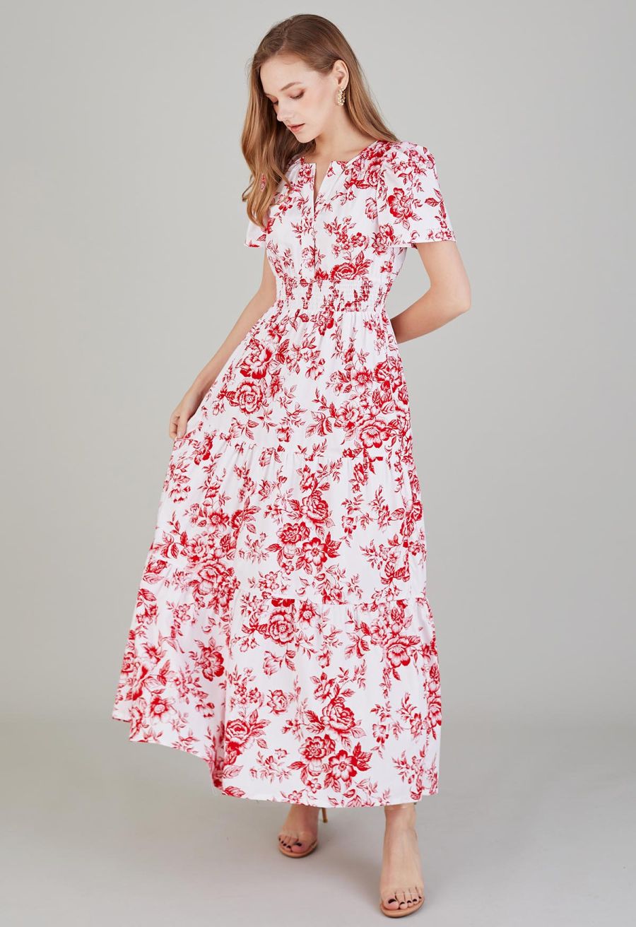 Ebullient Red Flower Printed Maxi Dress