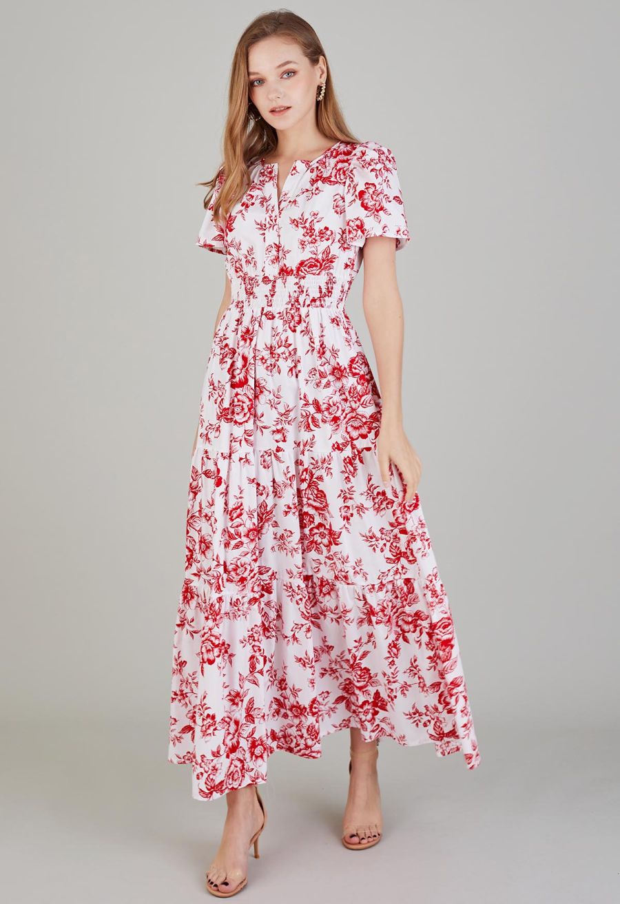 Ebullient Red Flower Printed Maxi Dress