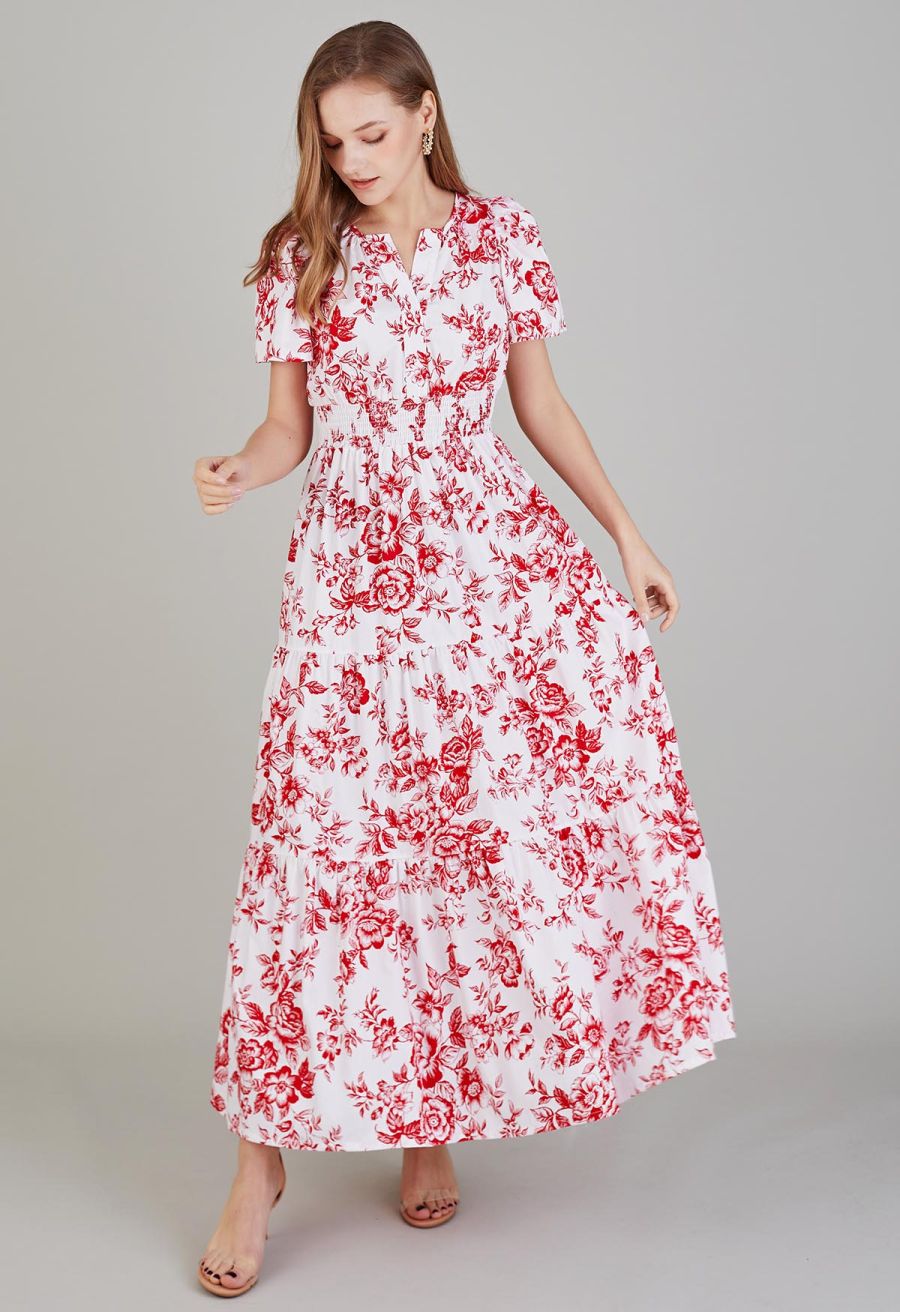 Ebullient Red Flower Printed Maxi Dress