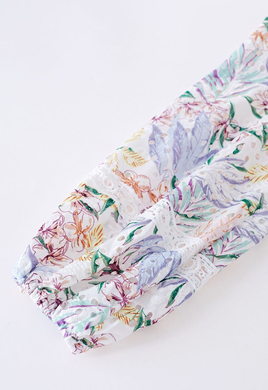 Pastel Leaves Embroidered Eyelet Midi Dress