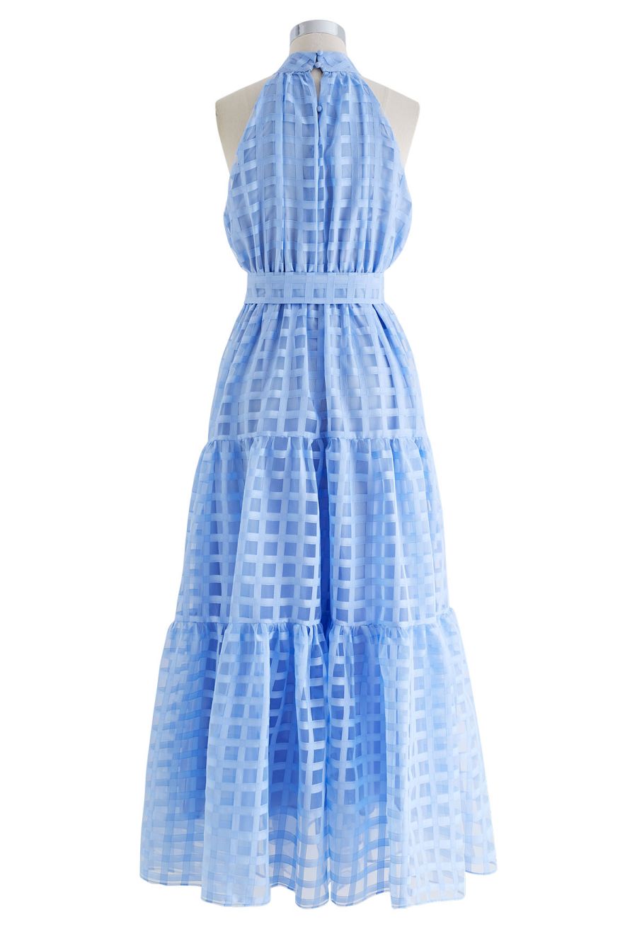 Check Halter Neck Tie Waist Maxi Dress in Blue