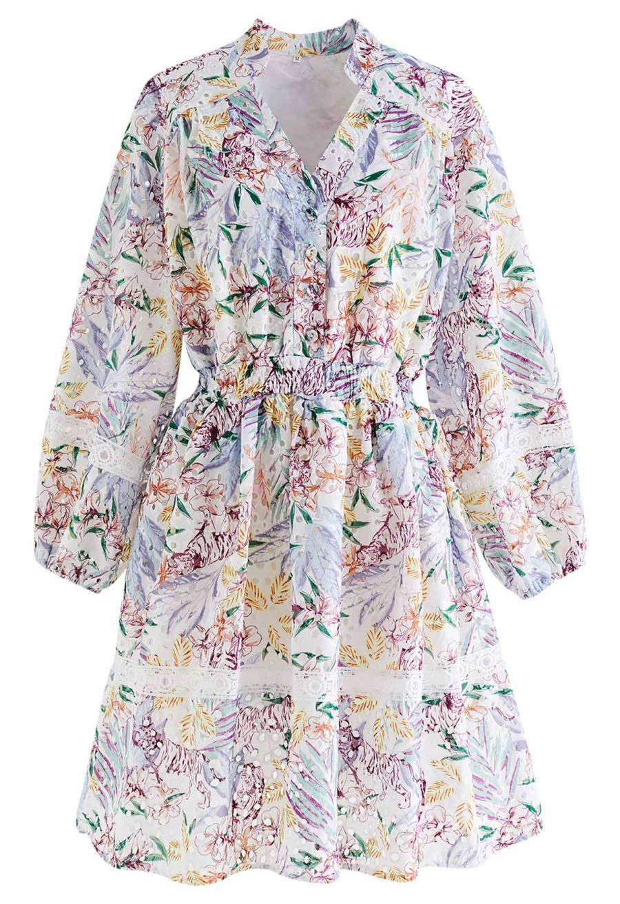 Pastel Leaves Embroidered Eyelet Midi Dress