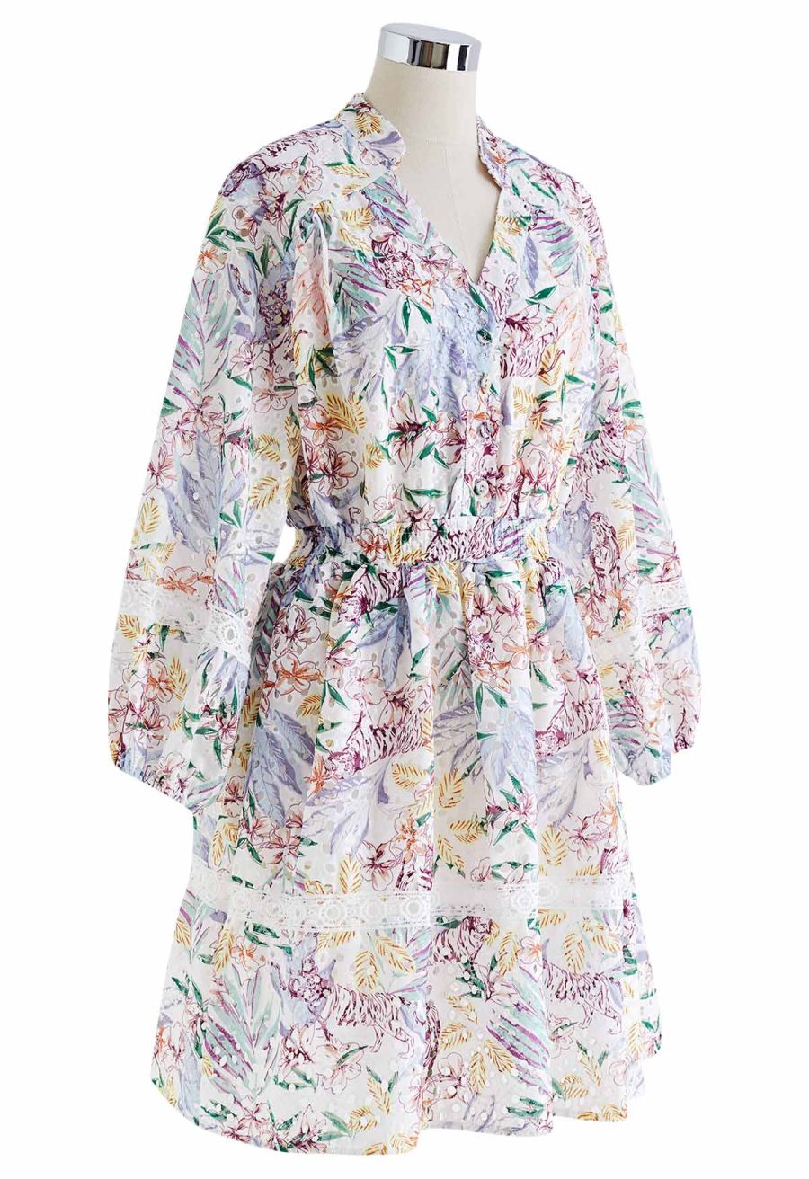 Pastel Leaves Embroidered Eyelet Midi Dress