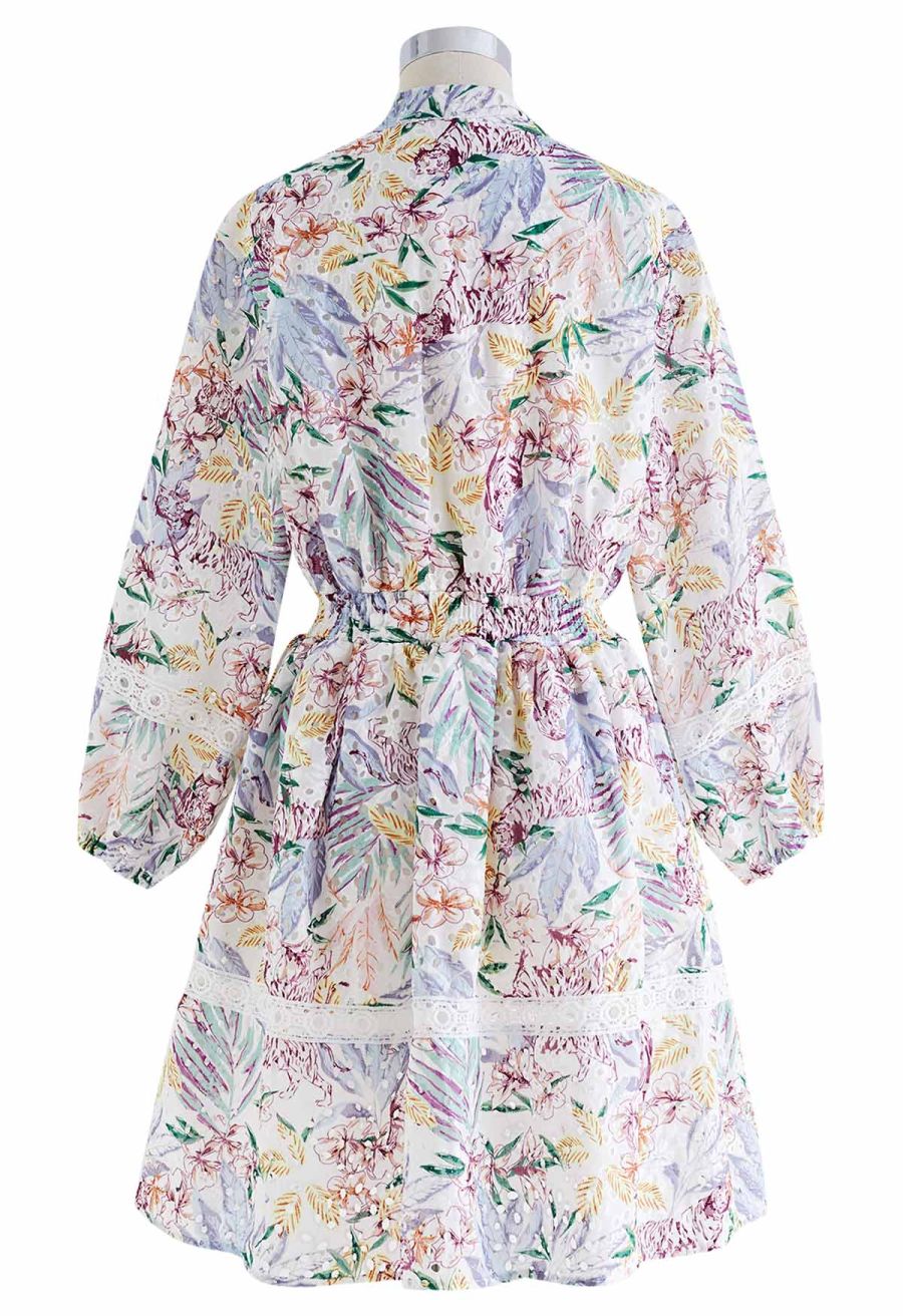 Pastel Leaves Embroidered Eyelet Midi Dress