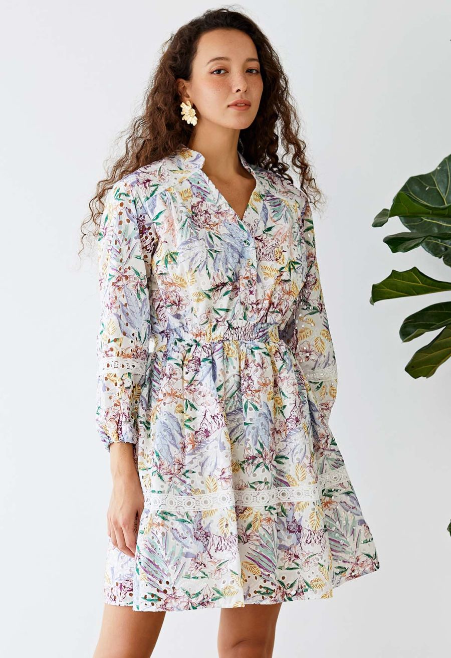 Pastel Leaves Embroidered Eyelet Midi Dress