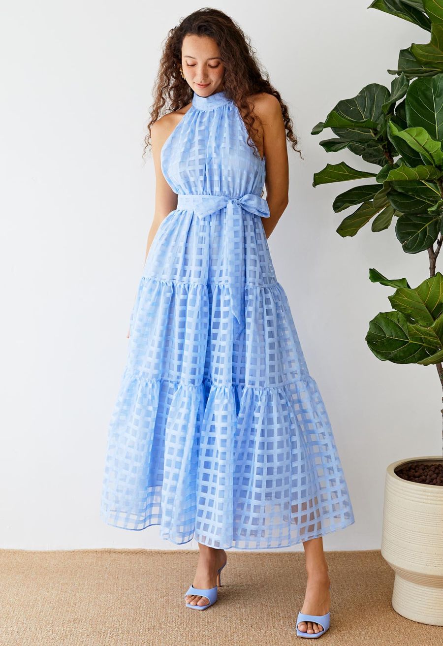 Check Halter Neck Tie Waist Maxi Dress in Blue