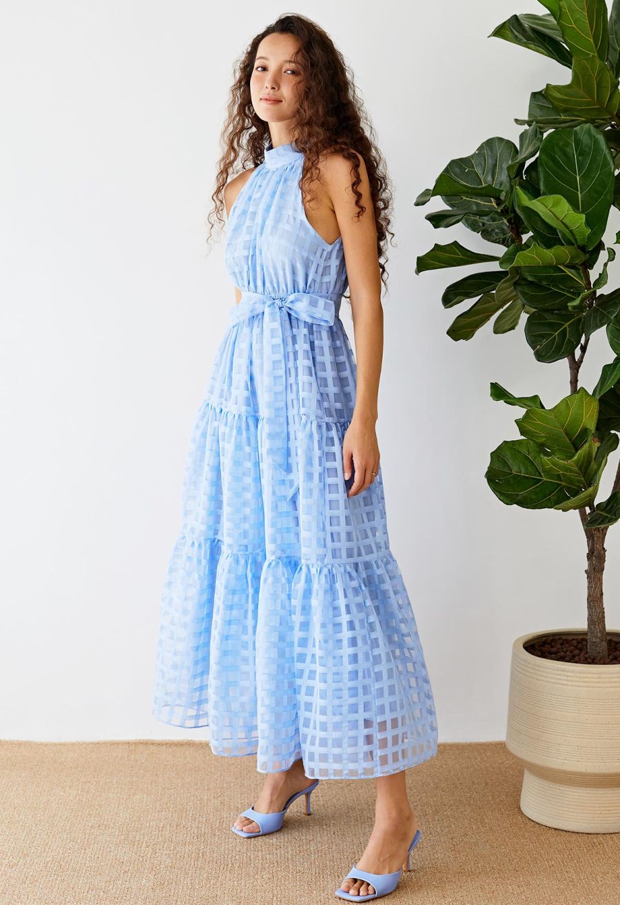 Check Halter Neck Tie Waist Maxi Dress in Blue