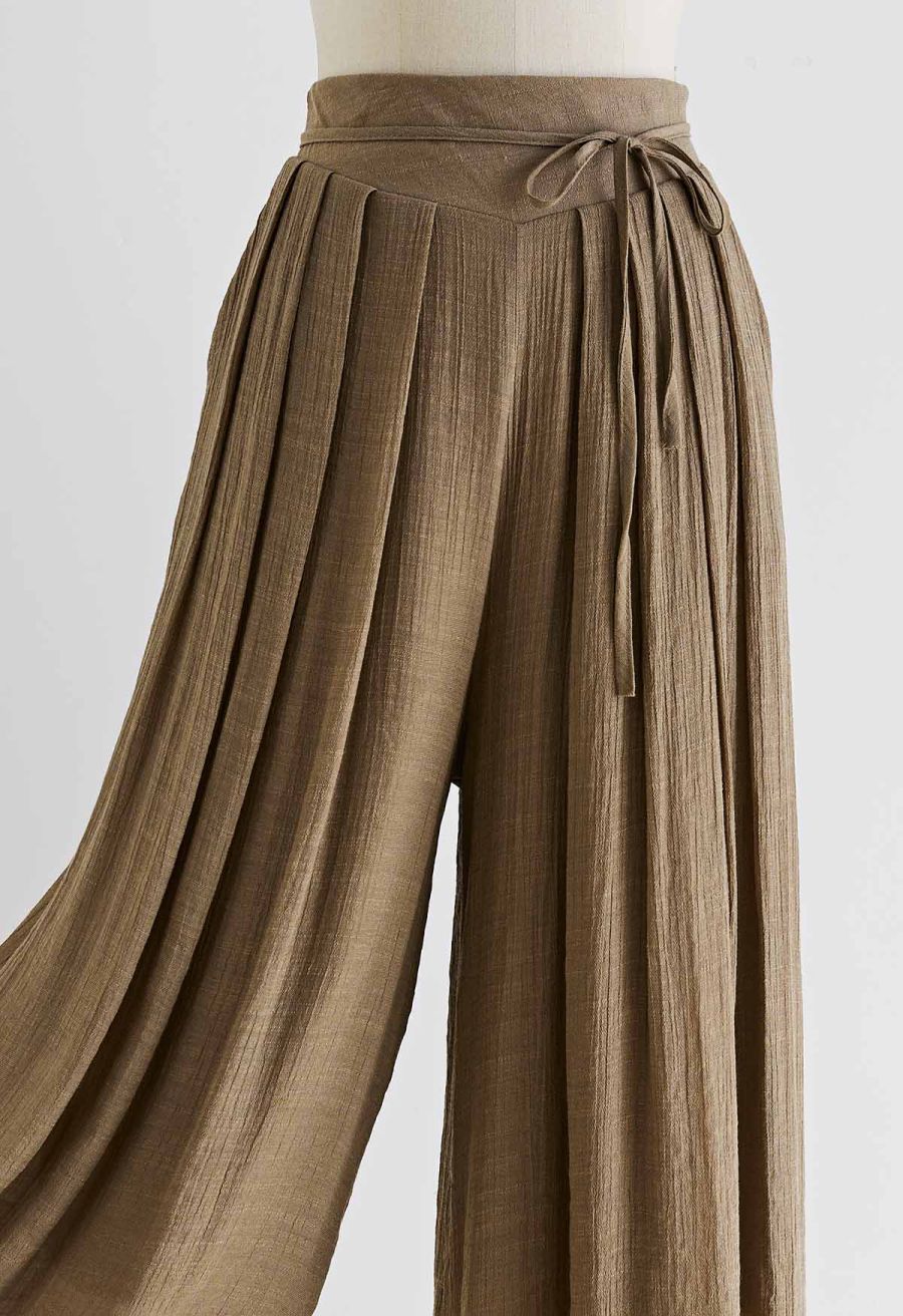 Tie Waist Pleated Wide-Leg Pants in Moss Green
