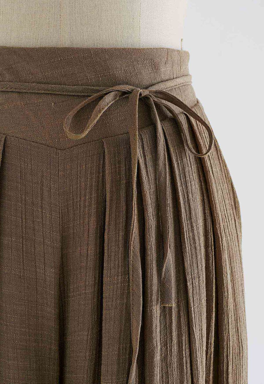 Tie Waist Pleated Wide-Leg Pants in Moss Green