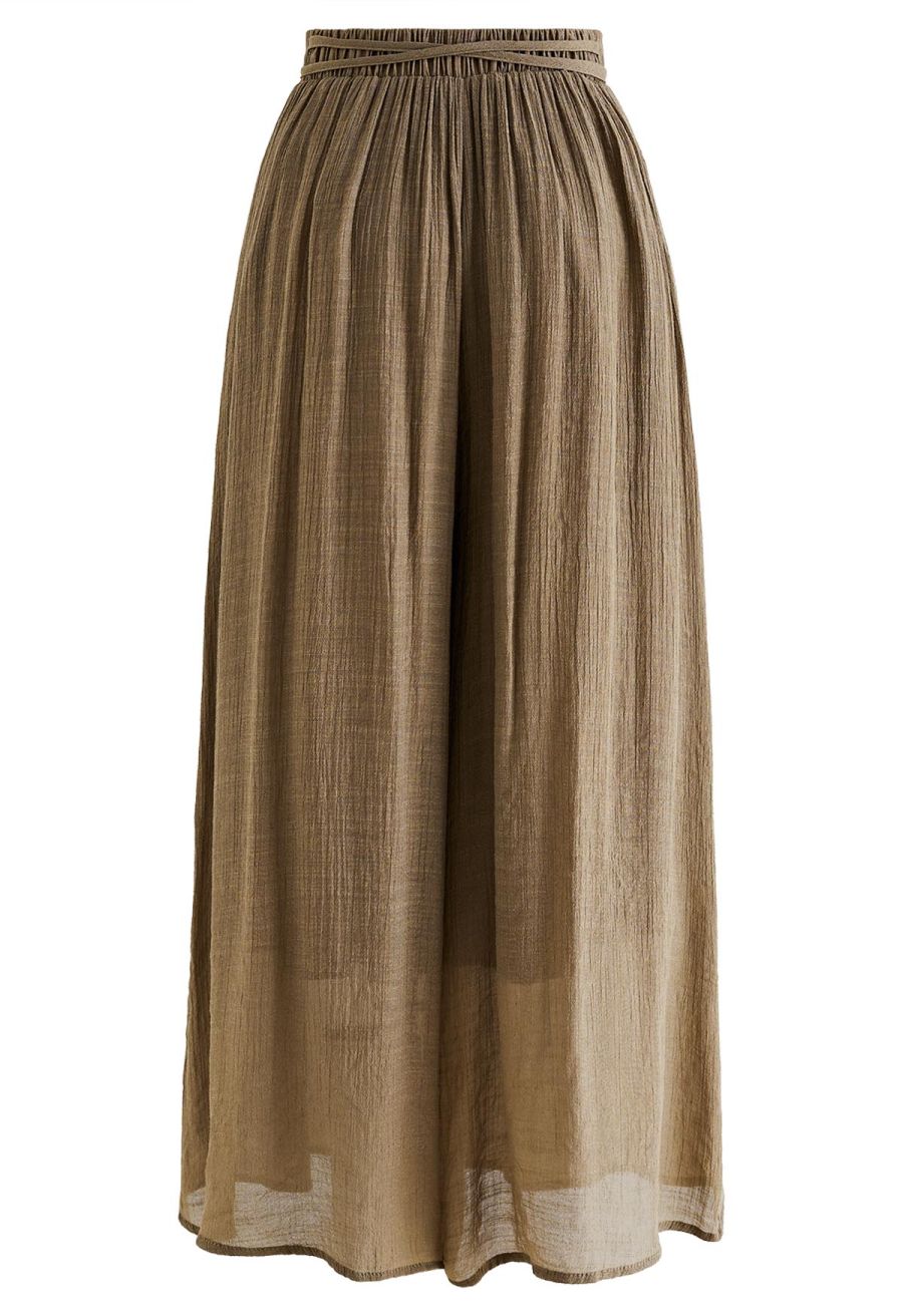 Tie Waist Pleated Wide-Leg Pants in Moss Green