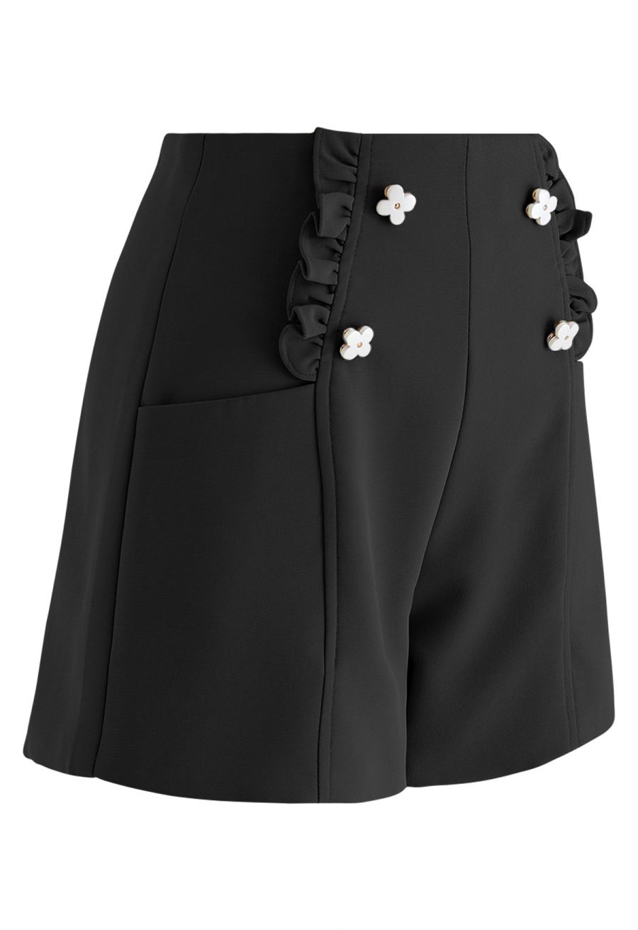 Adorable Flower Ruffle Trim Shorts in Black