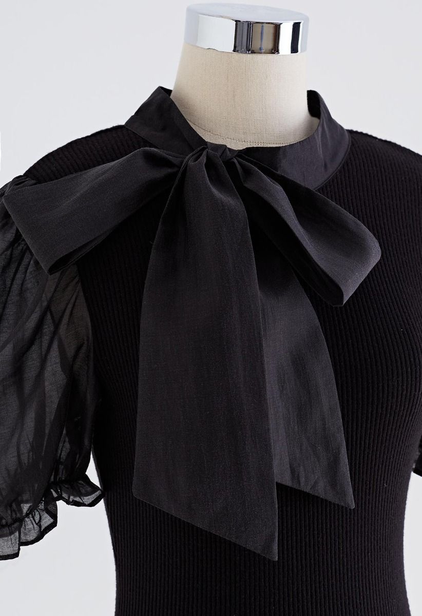 Short Sleeve Detachable Bowknot Spliced Knit Top in Black