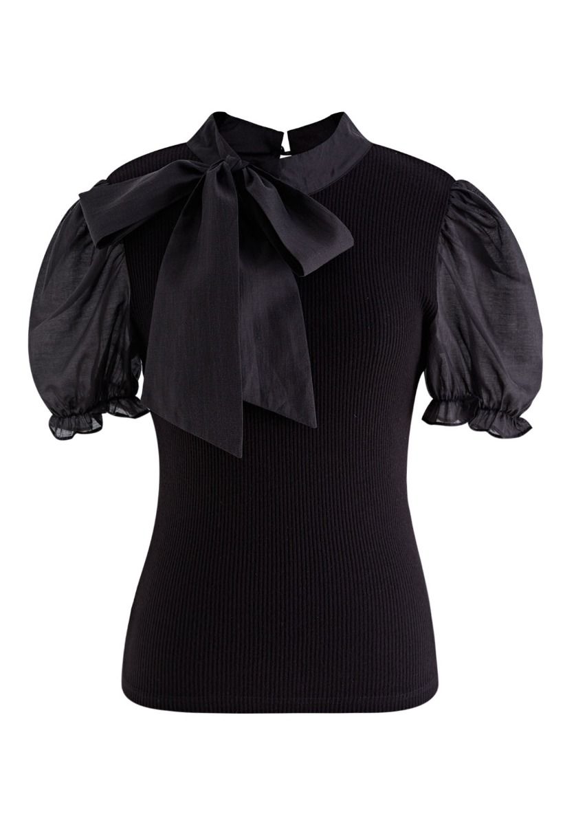 Short Sleeve Detachable Bowknot Spliced Knit Top in Black