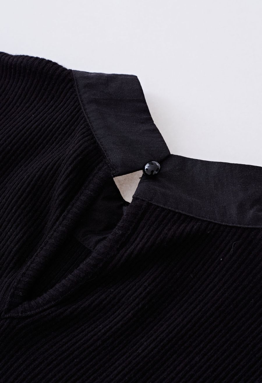 Short Sleeve Detachable Bowknot Spliced Knit Top in Black