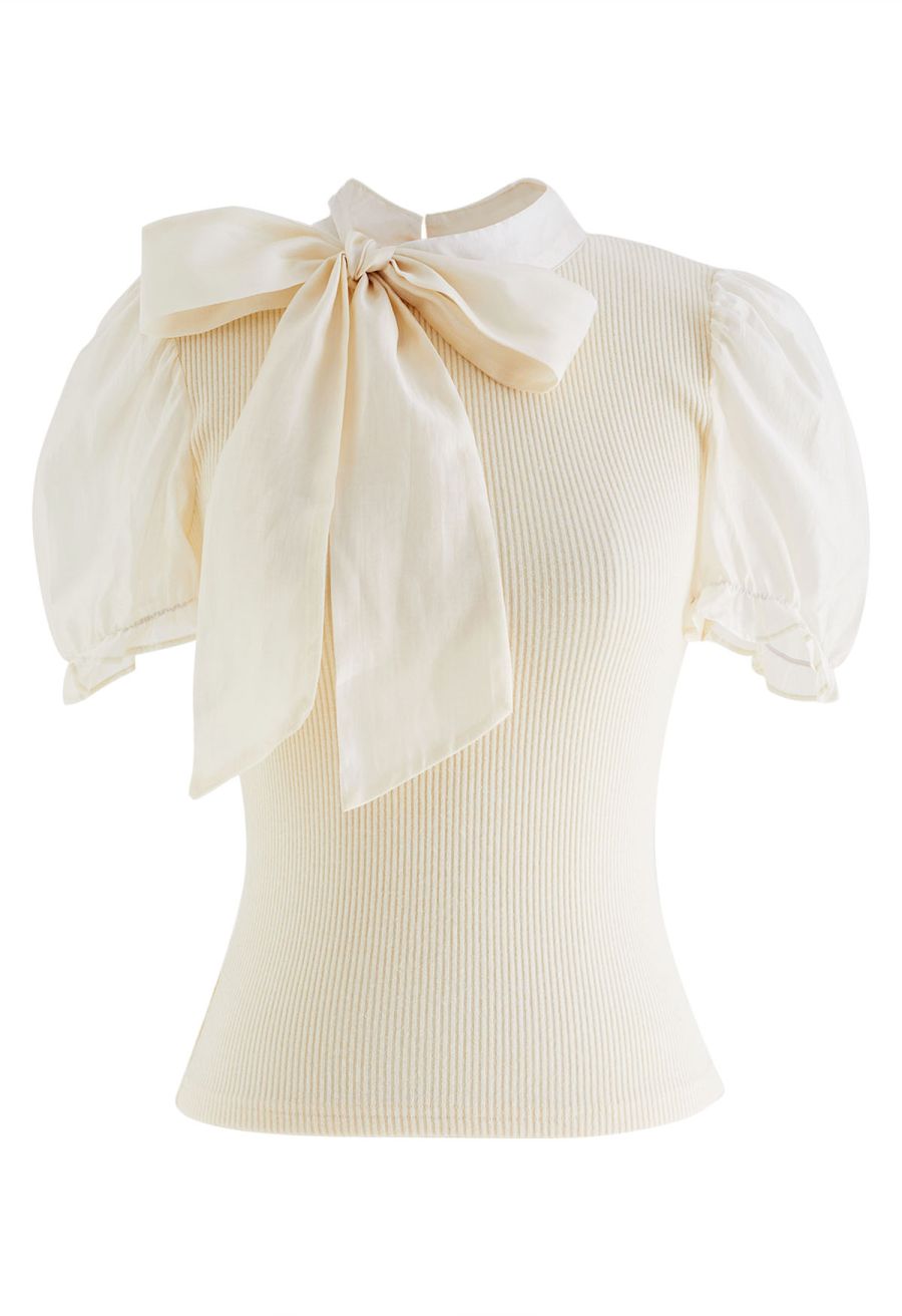 Short Sleeve Detachable Bowknot Spliced Knit Top in Cream