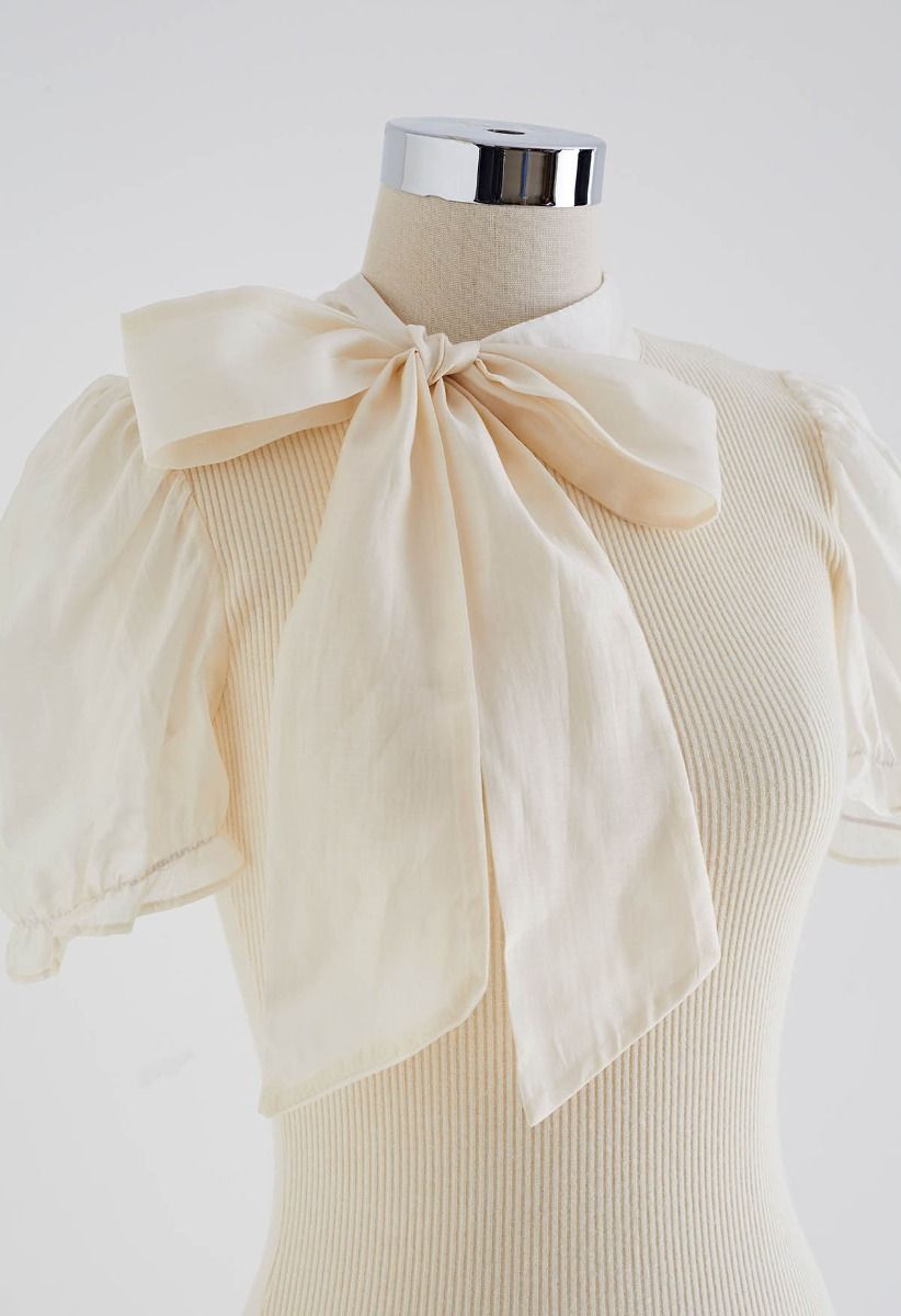Short Sleeve Detachable Bowknot Spliced Knit Top in Cream