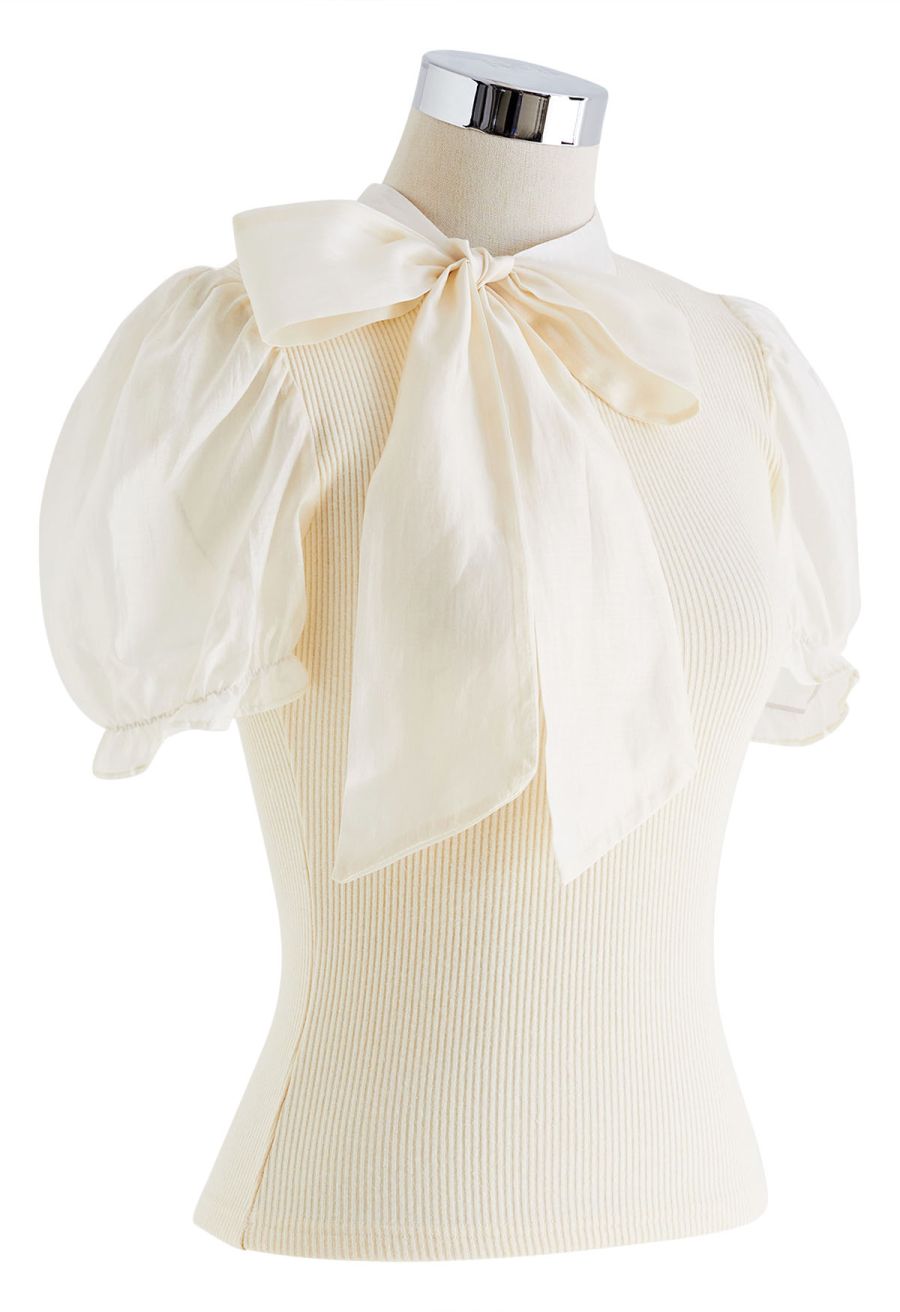 Short Sleeve Detachable Bowknot Spliced Knit Top in Cream
