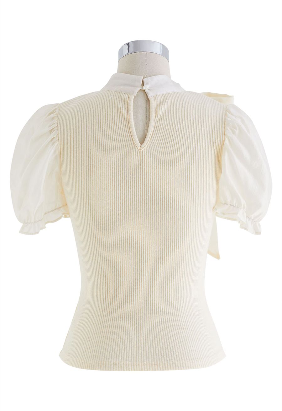 Short Sleeve Detachable Bowknot Spliced Knit Top in Cream