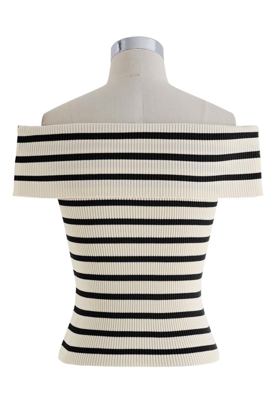 Folded Off-Shoulder Rib Knit Top in Black Stripe