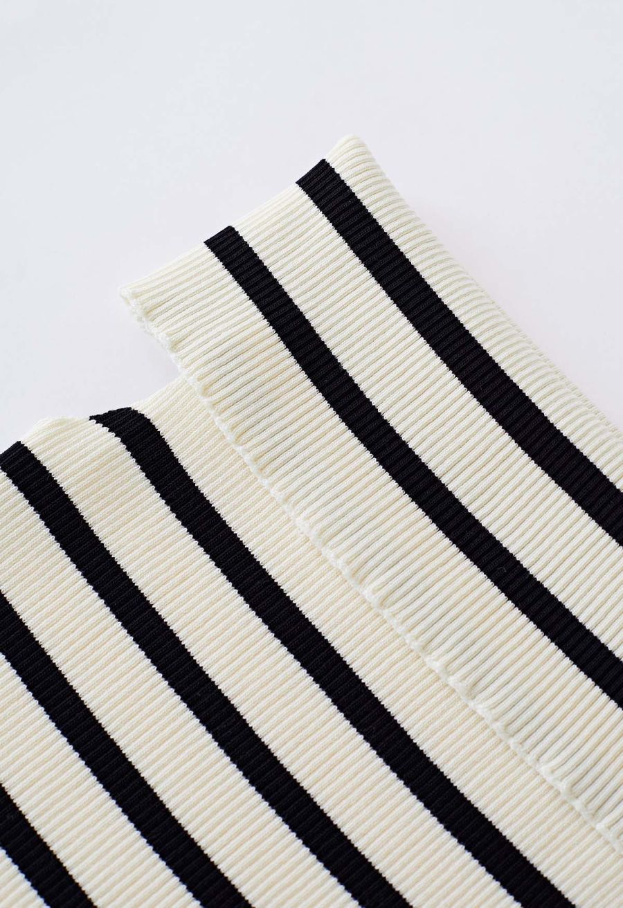 Folded Off-Shoulder Rib Knit Top in Black Stripe