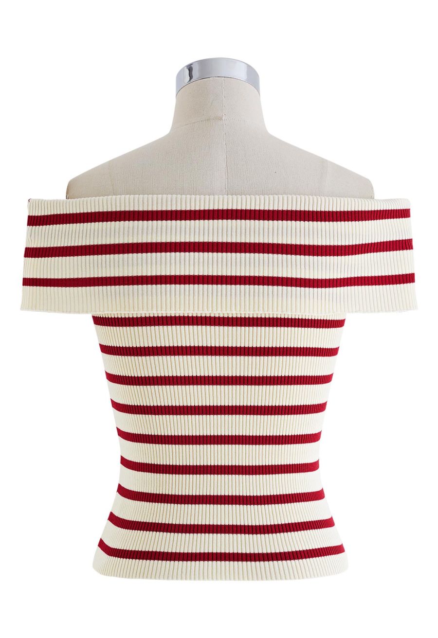 Folded Off-Shoulder Rib Knit Top in Red Stripe