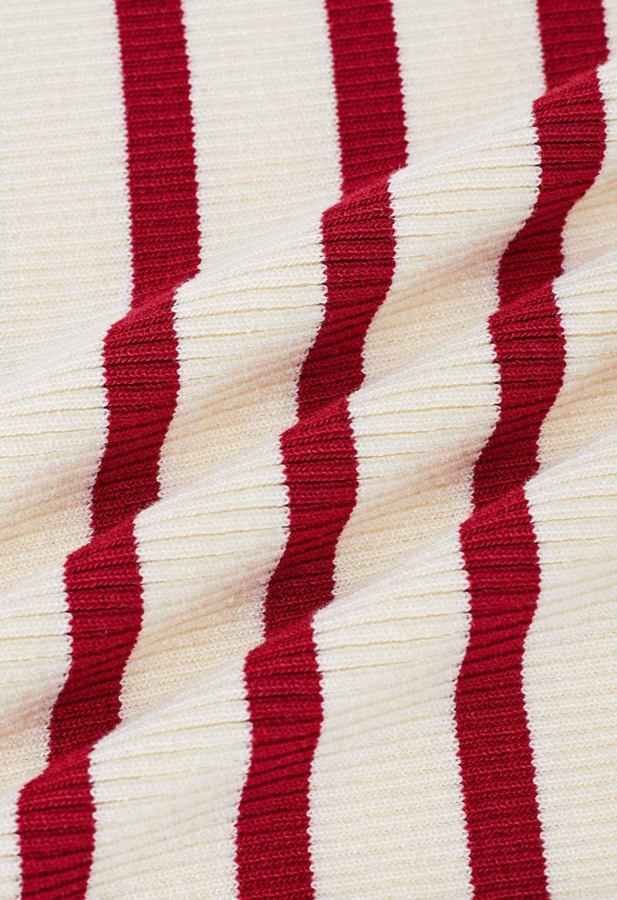 Folded Off-Shoulder Rib Knit Top in Red Stripe