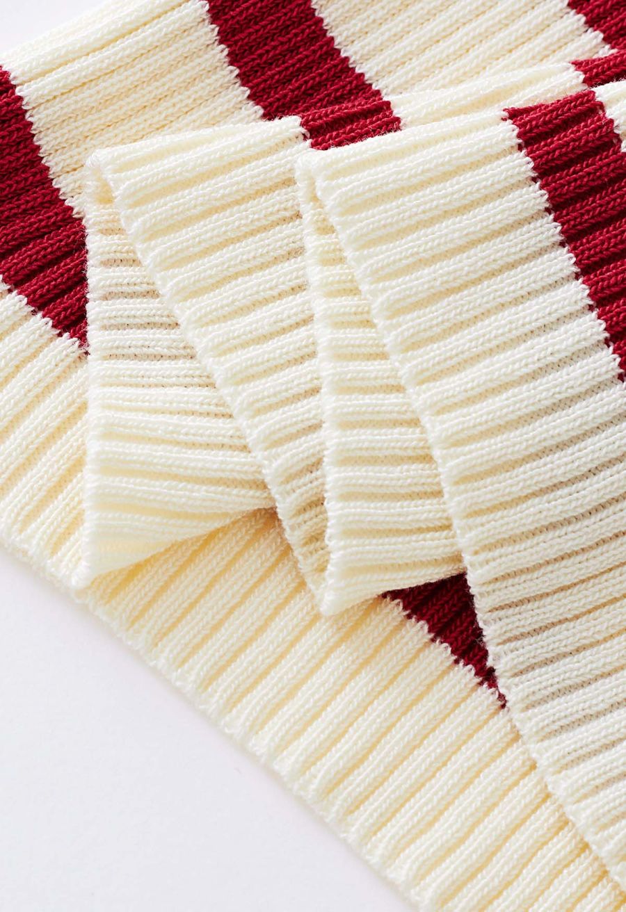 Folded Off-Shoulder Rib Knit Top in Red Stripe