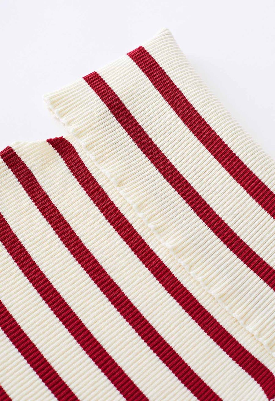 Folded Off-Shoulder Rib Knit Top in Red Stripe
