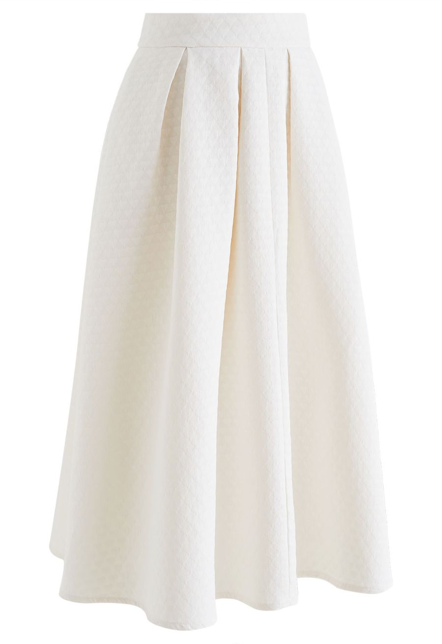 Embossed Heart Texture Pleated Midi Skirt in Ivory