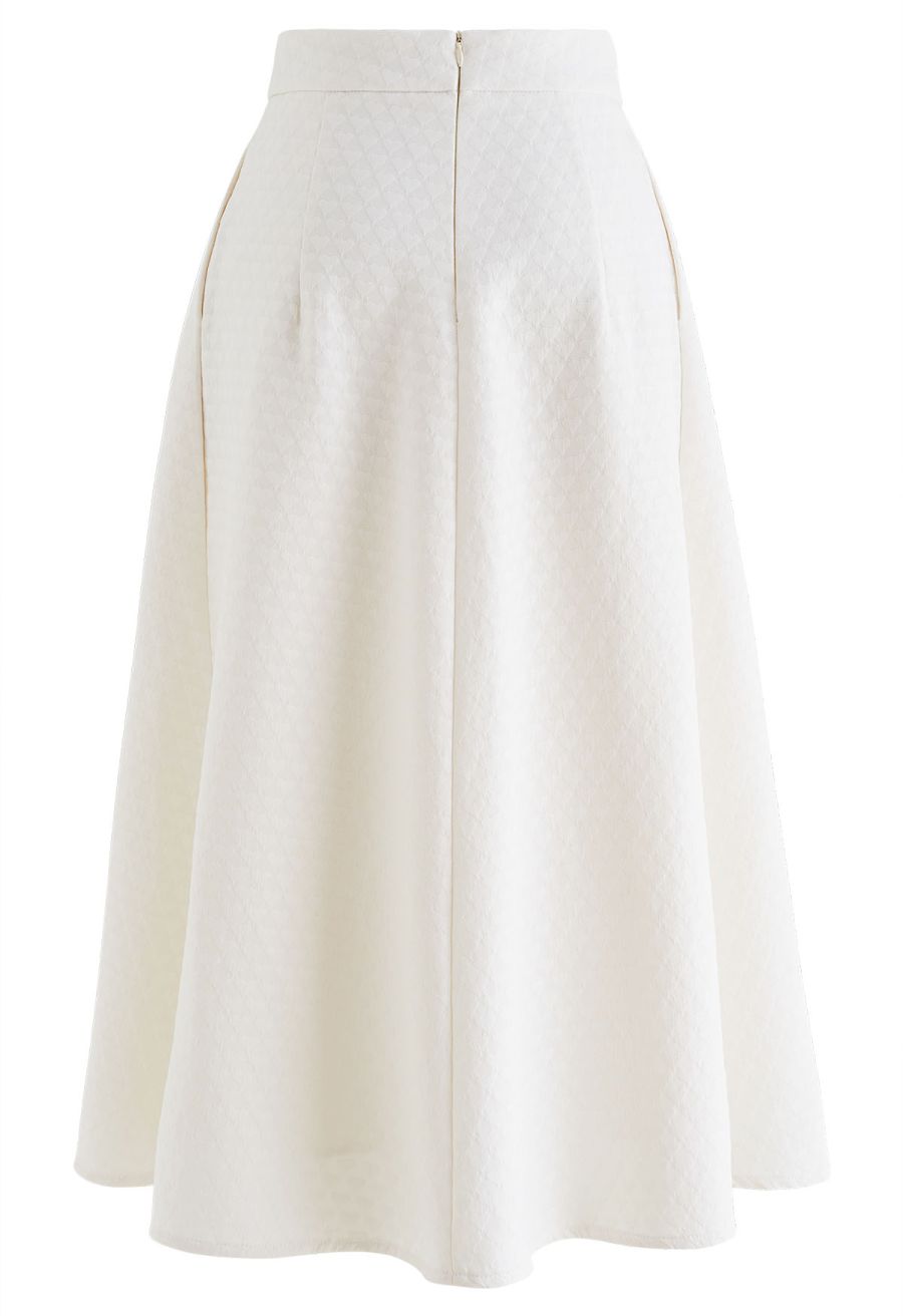 Embossed Heart Texture Pleated Midi Skirt in Ivory