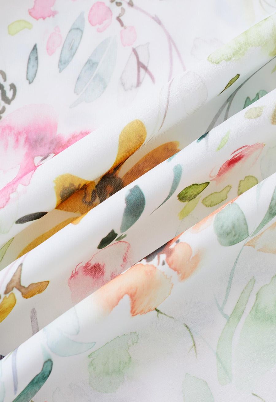 Watercolor Wild Flowers Printed Chiffon Maxi Skirt