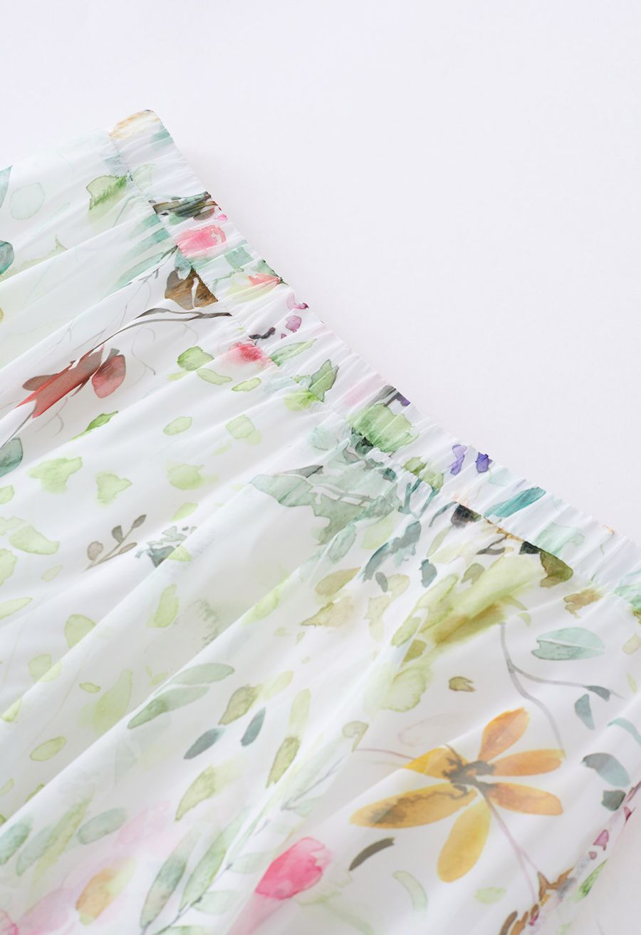 Watercolor Wild Flowers Printed Chiffon Maxi Skirt