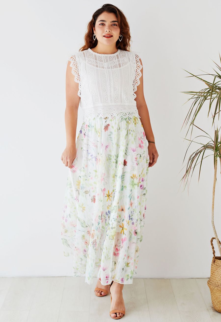 Watercolor Wild Flowers Printed Chiffon Maxi Skirt