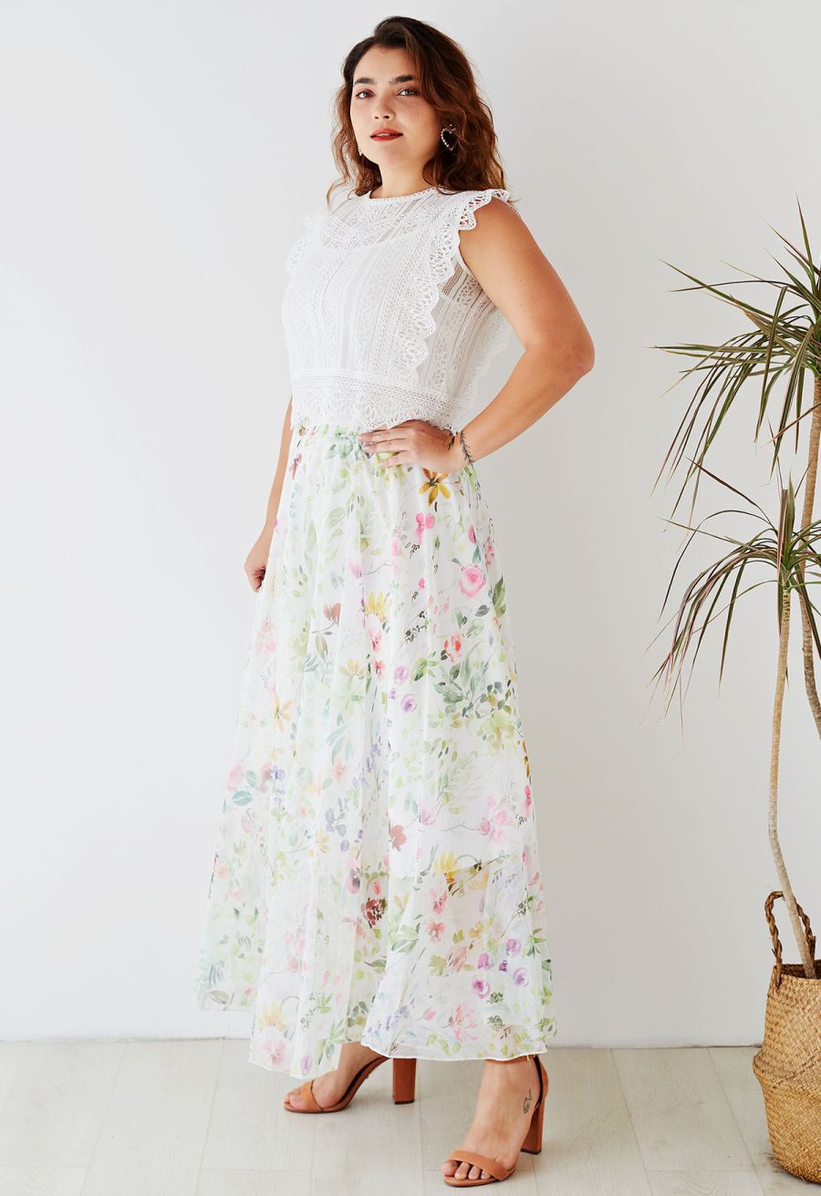 Watercolor Wild Flowers Printed Chiffon Maxi Skirt