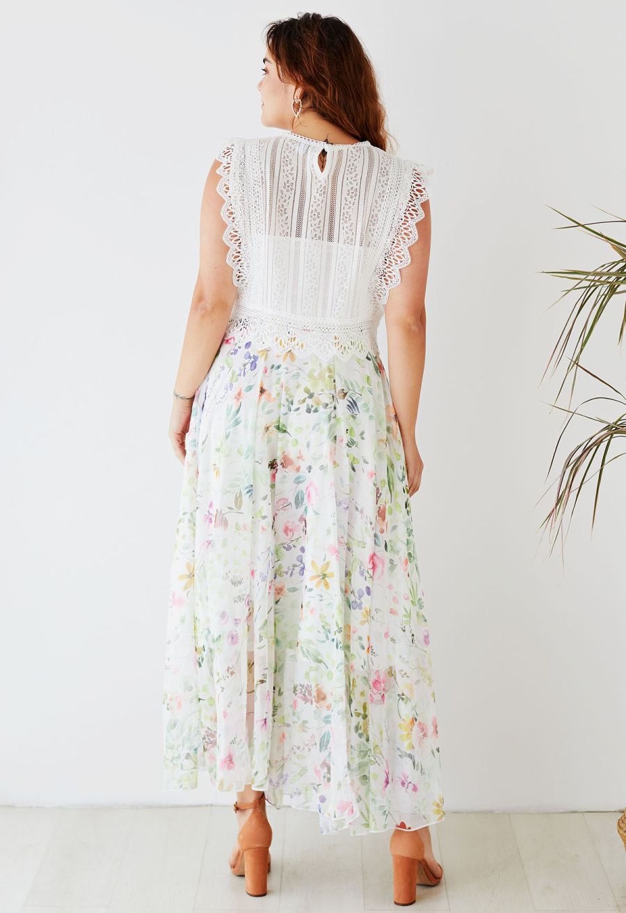 Watercolor Wild Flowers Printed Chiffon Maxi Skirt