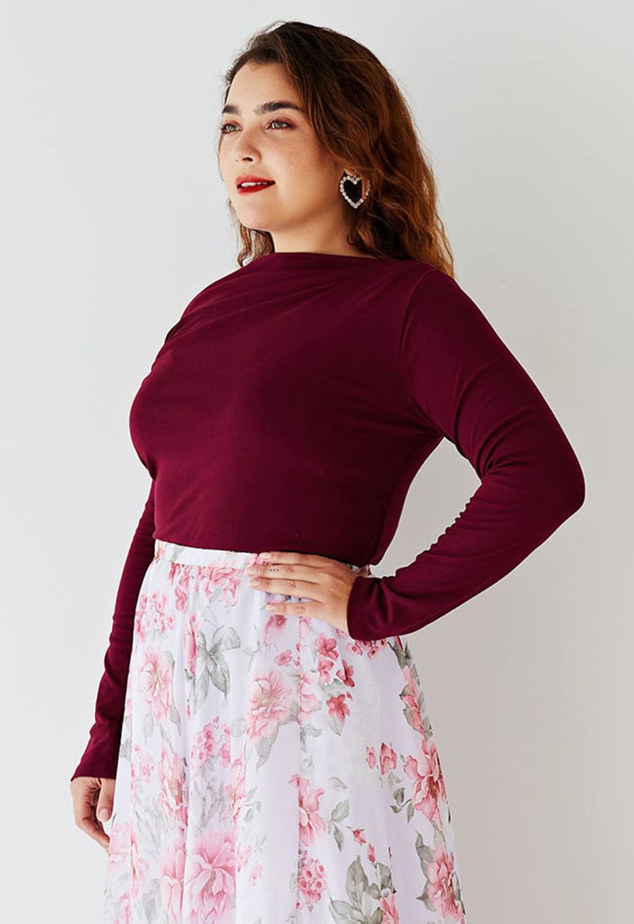 Ruched Front Long Sleeve Top in Burgundy