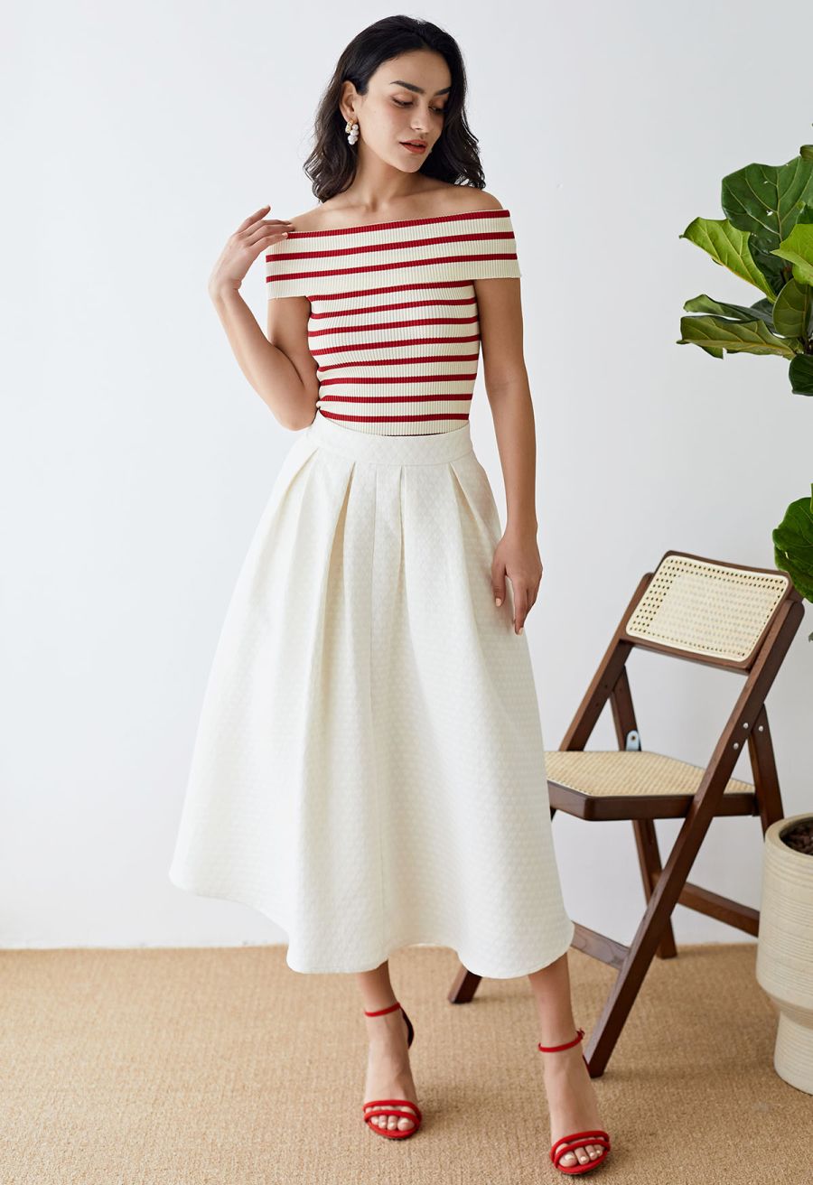 Folded Off-Shoulder Rib Knit Top in Red Stripe