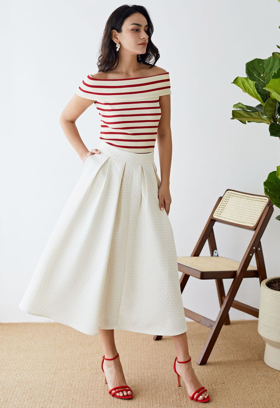 Folded Off-Shoulder Rib Knit Top in Red Stripe