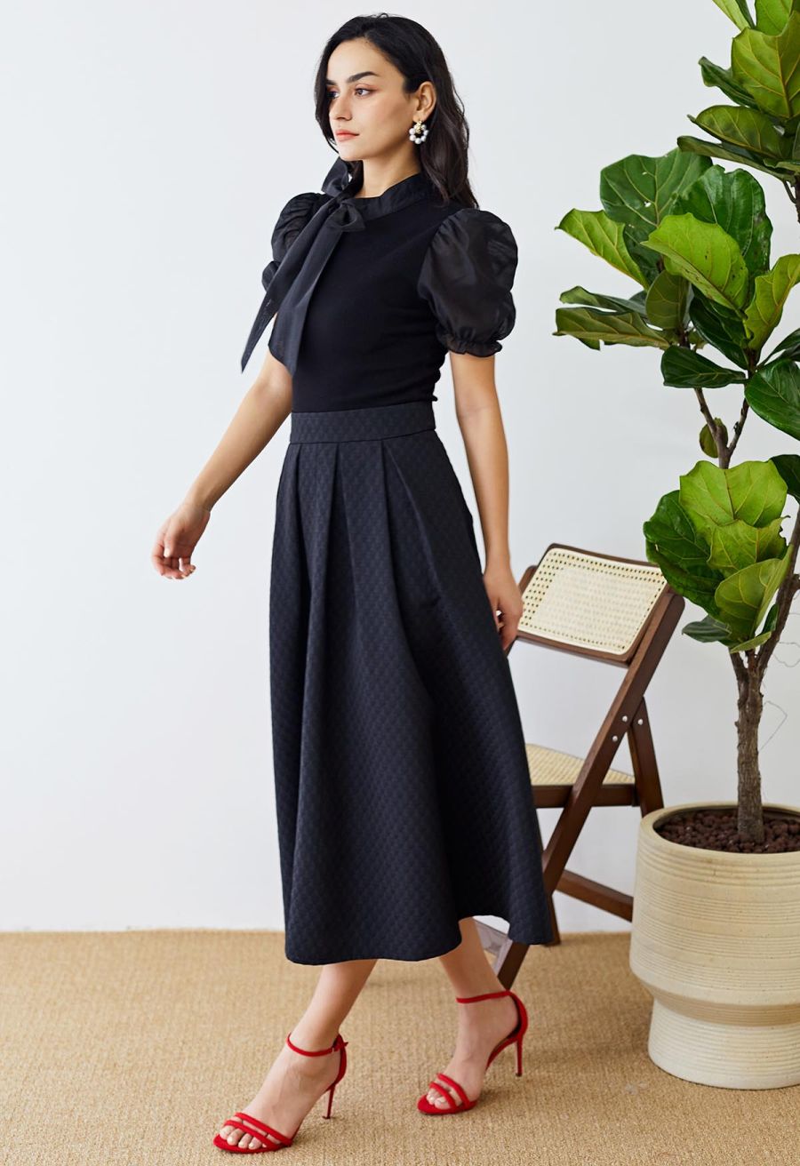 Short Sleeve Detachable Bowknot Spliced Knit Top in Black