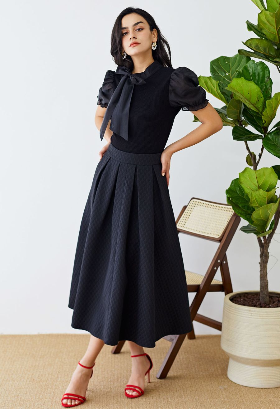 Short Sleeve Detachable Bowknot Spliced Knit Top in Black