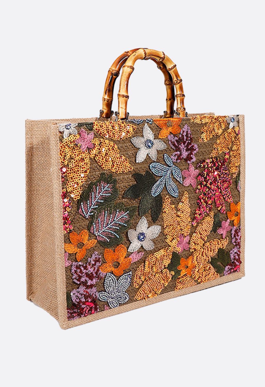 Sequin Floral Embroidered Bamboo Handle Tote Bag in Orange