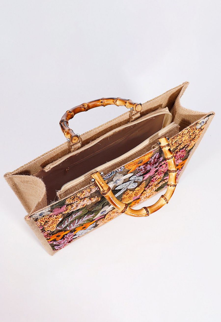 Sequin Floral Embroidered Bamboo Handle Tote Bag in Orange